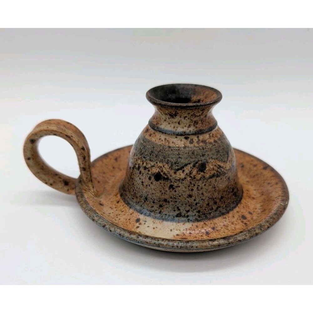 Dick Lehman Studio Pottery Candlestick Holder Goshen IN Brown Speckled Blue